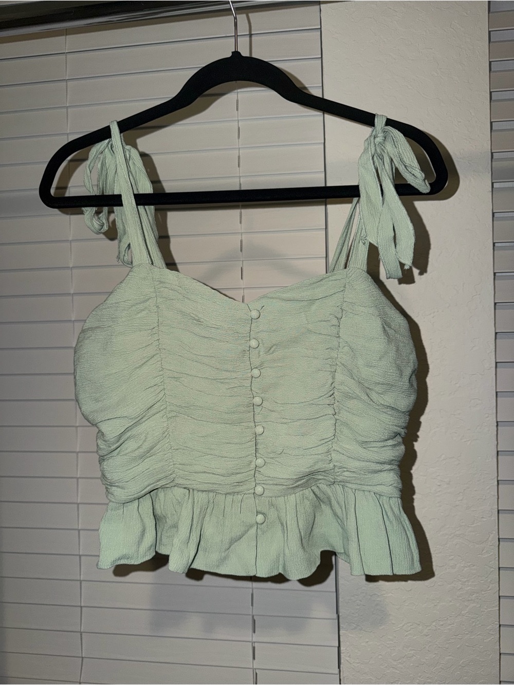 ASTR The Label Tie-Shoulder Ruched Peplum Crop Top - Light Mint